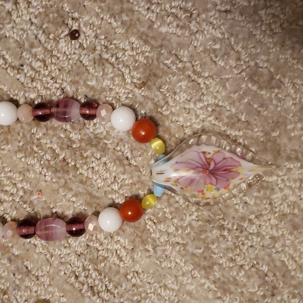 Vintage3D Murano glass work pendent on Vintage glass white Quartz necklace